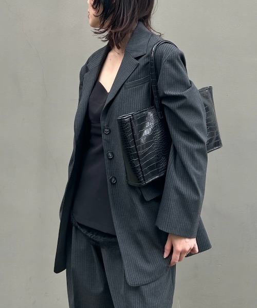 Henon.（ヘノン）の「【セットアップ対応】ストライプオーバージャケット（テーラードジャケット・レディース・グレー/ブラウン・F）」の2枚目の写真
