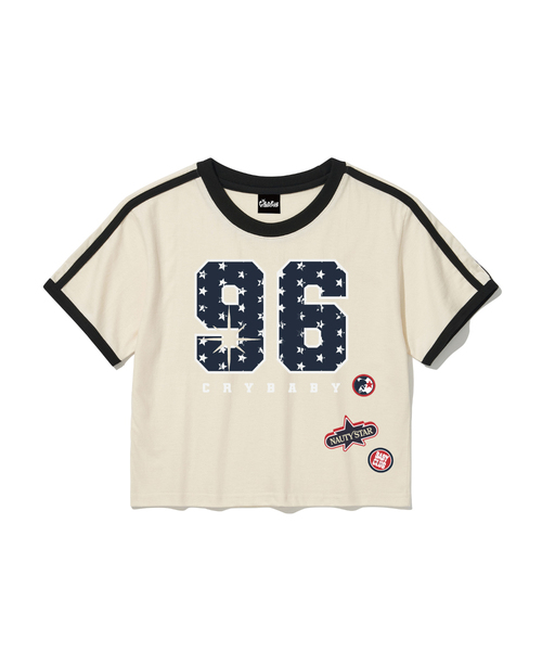CRYBABYCLUB（クライベイビークラブ）の「96ステッカーラインクロップ半袖Tシャツ（Tシャツ/カットソー・レディース・ネイビー/クリーム・SMALL/MEDIUM/LARGE）」の2枚目の写真