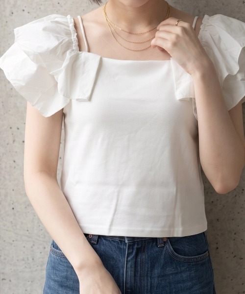 deux amour(ドゥーザムール)の「異素材ラッフルポンチキャミ(Tシャツ/カットソー・レディース・ホワイト/ブラック・M~L)」の5枚目の写真