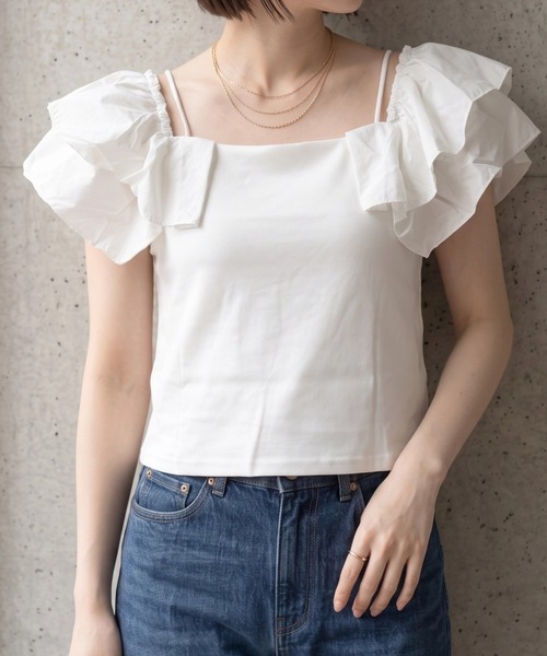 deux amour(ドゥーザムール)の「異素材ラッフルポンチキャミ(Tシャツ/カットソー・レディース・ホワイト/ブラック・M~L)」の4枚目の写真