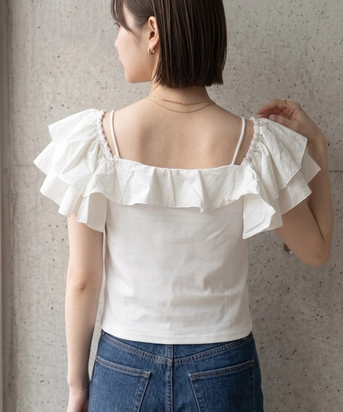 deux amour(ドゥーザムール)の「異素材ラッフルポンチキャミ(Tシャツ/カットソー・レディース・ホワイト/ブラック・M~L)」の7枚目の写真