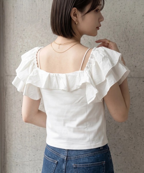 deux amour(ドゥーザムール)の「異素材ラッフルポンチキャミ(Tシャツ/カットソー・レディース・ホワイト/ブラック・M~L)」の6枚目の写真