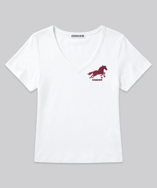 CHICKS(チックス)の「ホース刺繍Vネックスリム半袖Tシャツブラック(Tシャツ/カットソー・レディース・ブラック・ONE SIZE)」の6枚目の写真