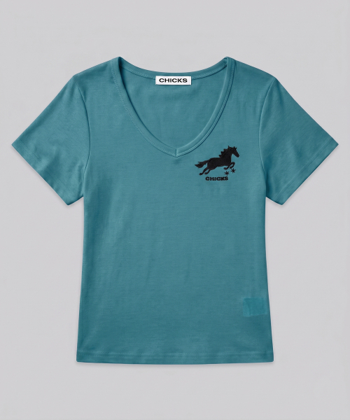 CHICKS(チックス)の「ホース刺繍Vネックスリム半袖Tシャツブラック(Tシャツ/カットソー・レディース・ブラック・ONE SIZE)」の7枚目の写真