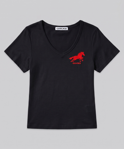 CHICKS(チックス)の「ホース刺繍Vネックスリム半袖Tシャツブラック(Tシャツ/カットソー・レディース・ブラック・ONE SIZE)」の8枚目の写真