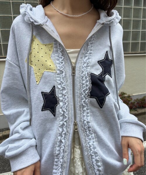 w closet(ダブルクローゼット)の「星柄パッチワークパーカー(パーカー・レディース・グリーン/ネイビー/ブルー/アイボリー・FREE)」の9枚目の写真