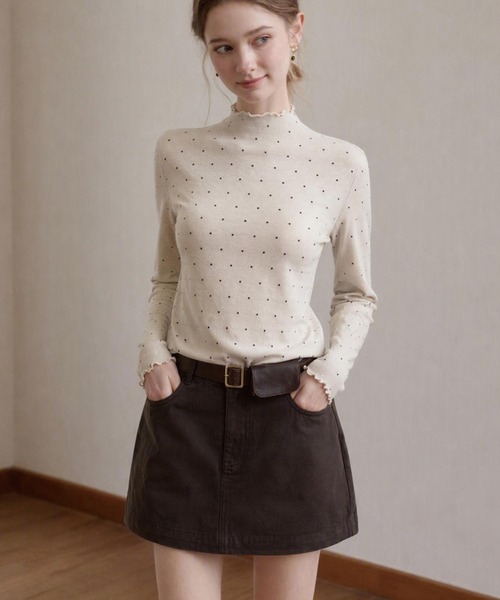 ADDITION STORE（アディションストア）の「ドットパターン ハイネック ロングスリーブニット（ニット/セーター・レディース・グレー/ブラウン/オフホワイト/ブラック・FREE）」の6枚目の写真