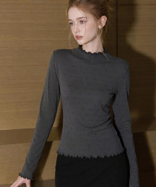 ADDITION STORE（アディションストア）の「ドットパターン ハイネック ロングスリーブニット（ニット/セーター・レディース・グレー/ブラウン/オフホワイト/ブラック・FREE）」の10枚目の写真