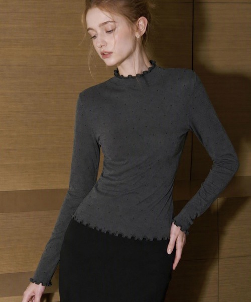 ADDITION STORE（アディションストア）の「ドットパターン ハイネック ロングスリーブニット（ニット/セーター・レディース・グレー/ブラウン/オフホワイト/ブラック・FREE）」の11枚目の写真