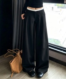 レイヤード風 配色ウエスト ローライズタックワイドパンツ