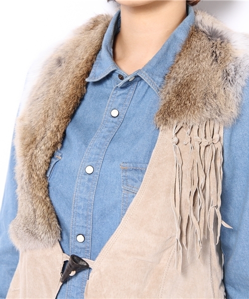 goa(ゴア)の「ラビットファー付レザーフリンジベスト(ベスト・レディース・ブラウン/ベージュ・FREE)」の6枚目の写真