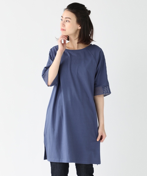 GLACIER(グラシア)の「袖口のレース使いが新鮮 気になるヒップラインまでカバー Tシャツワンピースとしても レース使いチュニック(チュニック)」|ブルー