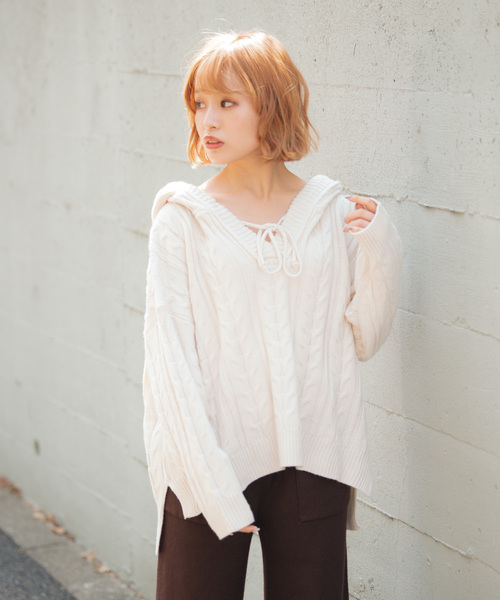 VANNIE U（ヴァニーユー）の「VANNIE U ケーブルオーバーフードニット（ニット/セーター・レディース・アイボリー・FREE）」の8枚目の写真