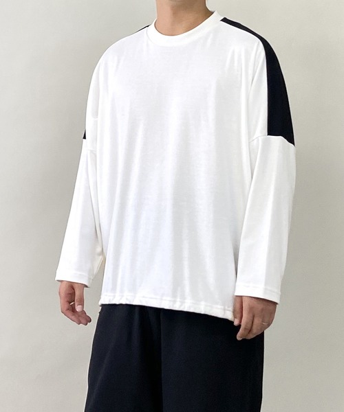 PLACE PLAN（プレイスプラン）の「ストレッチ TCスムース パネルスイッチ 切替 ビッグシルエット ロンT（Tシャツ/カットソー・メンズ・ホワイト/ブラック/ベージュ・FREE）」の6枚目の写真