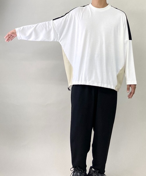 PLACE PLAN（プレイスプラン）の「ストレッチ TCスムース パネルスイッチ 切替 ビッグシルエット ロンT（Tシャツ/カットソー・メンズ・ホワイト/ブラック/ベージュ・FREE）」の8枚目の写真