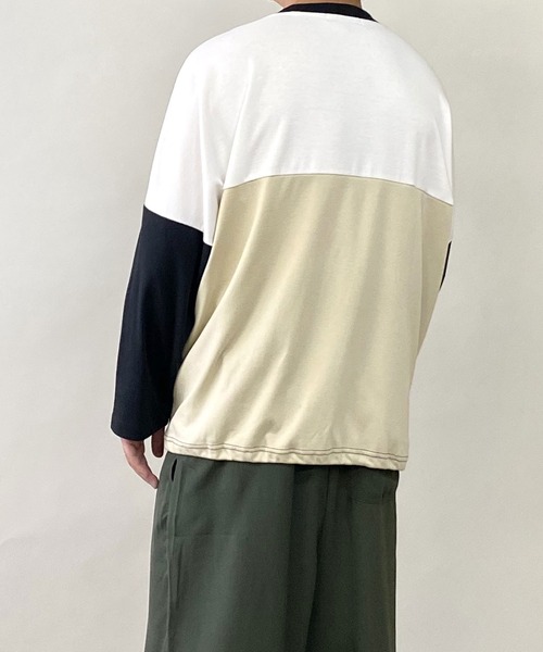 PLACE PLAN（プレイスプラン）の「ストレッチ TCスムース パネルスイッチ 切替 ビッグシルエット ロンT（Tシャツ/カットソー・メンズ・ホワイト/ブラック/ベージュ・FREE）」の13枚目の写真