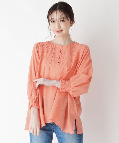 smart pink（スマートピンク）の「◆【手洗い可】コットン（綿）楊柳ピンタックブラウス（シャツ/ブラウス・レディース・アイボリー/ライトグリーン/オレンジ・88）」の3枚目の写真