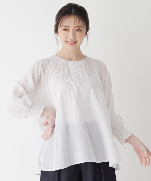 smart pink（スマートピンク）の「◆【手洗い可】コットン（綿）楊柳ピンタックブラウス（シャツ/ブラウス・レディース・アイボリー/ライトグリーン/オレンジ・88）」の2枚目の写真