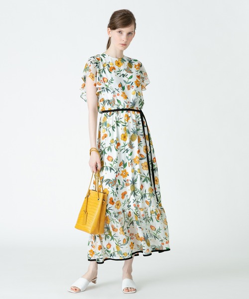 ワンピース ドレス ワンピースボタニカルフルーツプリントラッフルスリーブワンピース ワンピース Allureville アルアバイル のファッション