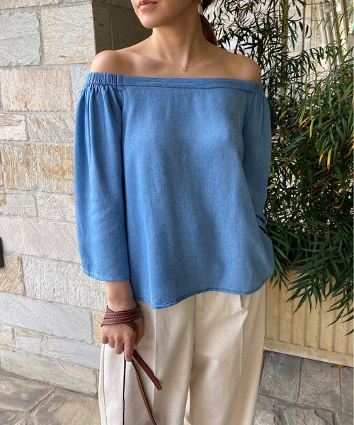 StyleSea（スタイルシー）の「レーヨンデニムオフショルダートップス（シャツ/ブラウス・レディース・サックスブルー/ブルー・FREE）」の19枚目の写真