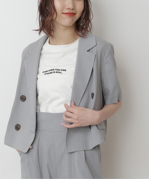 FREE'S MART（フリーズマート）の「【Sシリーズ対応】綿麻半袖ショート丈ジャケット（テーラードジャケット・レディース・ブルー/ブラウン/ベージュ・MEDIUM/SMALL）」の3枚目の写真