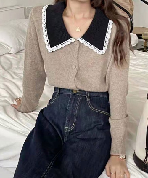 Twinkle;pm（トゥインクルピーエム）の「レース付ビックカラーニットカーディガン（カーディガン/ボレロ・レディース・ホワイト/ベージュ/ブラック・FREE）」の3枚目の写真