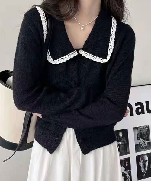 Twinkle;pm（トゥインクルピーエム）の「レース付ビックカラーニットカーディガン（カーディガン/ボレロ・レディース・ホワイト/ベージュ/ブラック・FREE）」の2枚目の写真