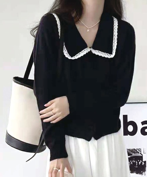 Twinkle;pm（トゥインクルピーエム）の「レース付ビックカラーニットカーディガン（カーディガン/ボレロ・レディース・ホワイト/ベージュ/ブラック・FREE）」の5枚目の写真