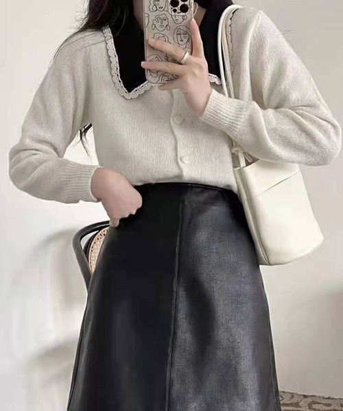 Twinkle;pm（トゥインクルピーエム）の「レース付ビックカラーニットカーディガン（カーディガン/ボレロ・レディース・ホワイト/ベージュ/ブラック・FREE）」の4枚目の写真