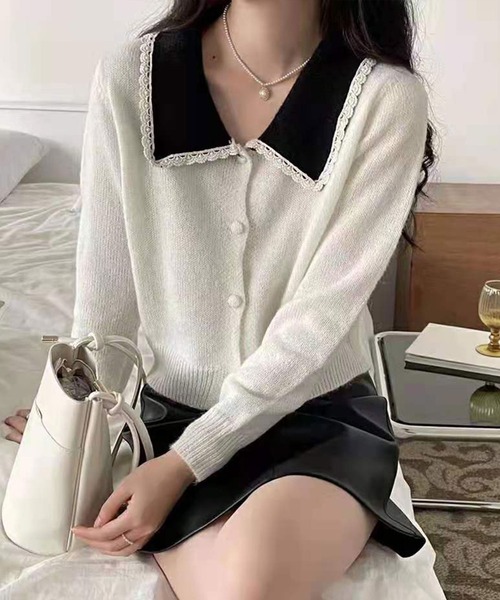 Twinkle;pm（トゥインクルピーエム）の「レース付ビックカラーニットカーディガン（カーディガン/ボレロ・レディース・ホワイト/ベージュ/ブラック・FREE）」の10枚目の写真