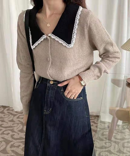 Twinkle;pm（トゥインクルピーエム）の「レース付ビックカラーニットカーディガン（カーディガン/ボレロ・レディース・ホワイト/ベージュ/ブラック・FREE）」の8枚目の写真