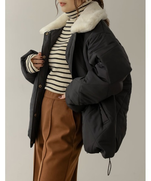 [神山まりあさん着用]2WAYマットシレータフタ襟ファー付きキルティング中綿ダウンジャケット