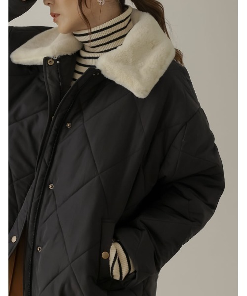 [神山まりあさん着用]2WAYマットシレータフタ襟ファー付きキルティング中綿ダウンジャケット
