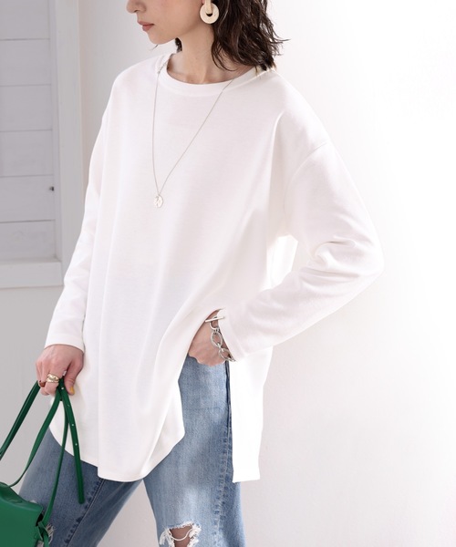 classicalelf(クラシカルエルフ)の「大人のシンプル。柔らかサイドスリットロングTee(Tシャツ/カットソー・レディース・グレイッシュベージュ/ブラック/ライトグレー/ホワイト・MEDIUM/LARGE/X-LARGE)」の8枚目の写真