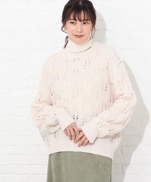 Cutie Blonde（キューティーブロンド）の「◆【S-L】透かし編みカラーニット（ニット/セーター・レディース・ピンク/アイボリー/黄緑系・01/02/03）」の2枚目の写真