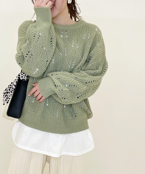 Cutie Blonde（キューティーブロンド）の「◆【S-L】透かし編みカラーニット（ニット/セーター・レディース・ピンク/アイボリー/黄緑系・01/02/03）」の4枚目の写真