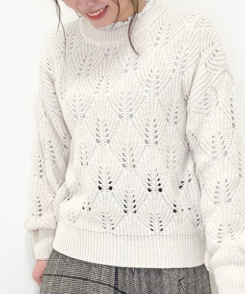 Cutie Blonde（キューティーブロンド）の「◆【S-L】透かし編みカラーニット（ニット/セーター・レディース・ピンク/アイボリー/黄緑系・01/02/03）」の5枚目の写真