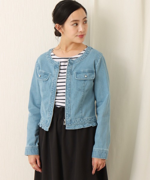 libelle more（リベル モア）の「ストレッチデニム　ノーカラージャケット（デニムジャケット・レディース・サックスブルー/インディゴブルー/ブルー・M/L）」の7枚目の写真