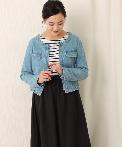 libelle more（リベル モア）の「ストレッチデニム　ノーカラージャケット（デニムジャケット・レディース・サックスブルー/インディゴブルー/ブルー・M/L）」の8枚目の写真