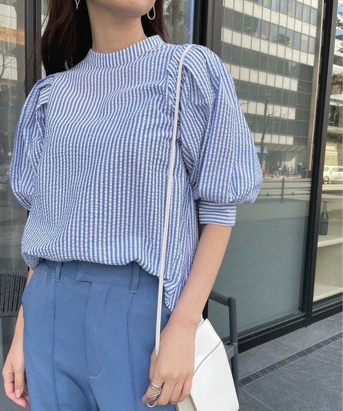 Meli rich(メリーリッチ)の「大人可愛い。ストライプボリュームスリーブブラウス(シャツ/ブラウス・レディース・チャコールグレー/ベージュ/ブルー/グリーン・MEDIUM)」の11枚目の写真