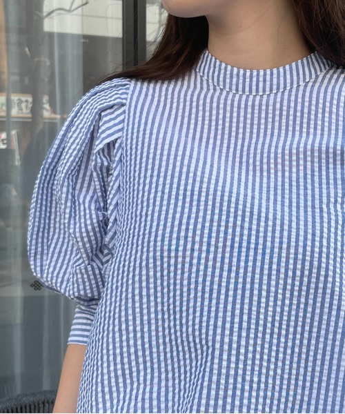 Meli rich(メリーリッチ)の「大人可愛い。ストライプボリュームスリーブブラウス(シャツ/ブラウス・レディース・チャコールグレー/ベージュ/ブルー/グリーン・MEDIUM)」の12枚目の写真