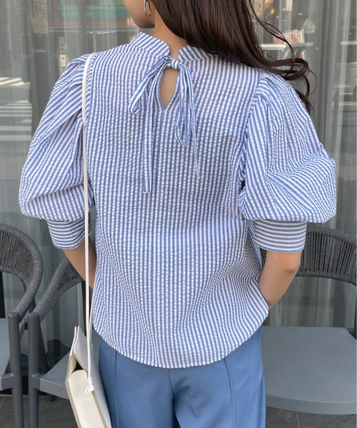 Meli rich(メリーリッチ)の「大人可愛い。ストライプボリュームスリーブブラウス(シャツ/ブラウス・レディース・チャコールグレー/ベージュ/ブルー/グリーン・MEDIUM)」の13枚目の写真