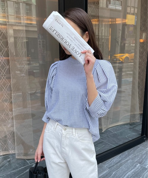 Meli rich(メリーリッチ)の「大人可愛い。ストライプボリュームスリーブブラウス(シャツ/ブラウス・レディース・チャコールグレー/ベージュ/ブルー/グリーン・MEDIUM)」の5枚目の写真