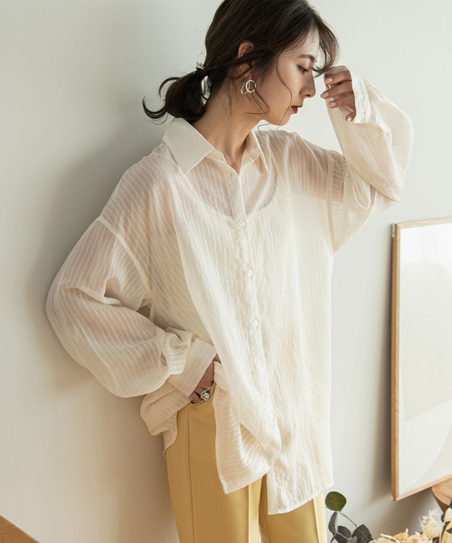 rectangle（レクタングル）の「シアーストライプオーバーシャツ（シャツ/ブラウス・レディース・アイボリー/ブラック/イエロー・FREE）」の2枚目の写真