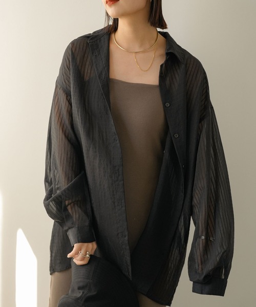 rectangle（レクタングル）の「シアーストライプオーバーシャツ（シャツ/ブラウス・レディース・アイボリー/ブラック/イエロー・FREE）」の3枚目の写真