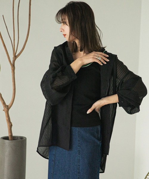 rectangle（レクタングル）の「シアーストライプオーバーシャツ（シャツ/ブラウス・レディース・アイボリー/ブラック/イエロー・FREE）」の9枚目の写真