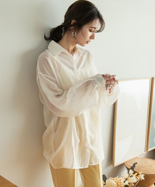 rectangle（レクタングル）の「シアーストライプオーバーシャツ（シャツ/ブラウス・レディース・アイボリー/ブラック/イエロー・FREE）」の4枚目の写真