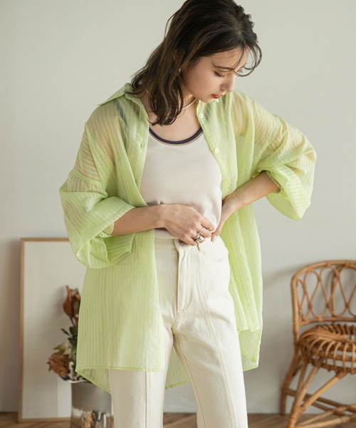 rectangle（レクタングル）の「シアーストライプオーバーシャツ（シャツ/ブラウス・レディース・アイボリー/ブラック/イエロー・FREE）」の13枚目の写真