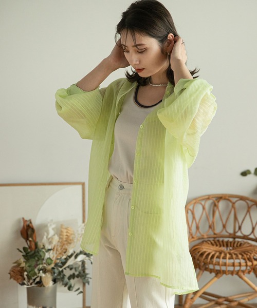 rectangle（レクタングル）の「シアーストライプオーバーシャツ（シャツ/ブラウス・レディース・アイボリー/ブラック/イエロー・FREE）」の14枚目の写真