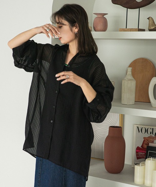 rectangle（レクタングル）の「シアーストライプオーバーシャツ（シャツ/ブラウス・レディース・アイボリー/ブラック/イエロー・FREE）」の11枚目の写真